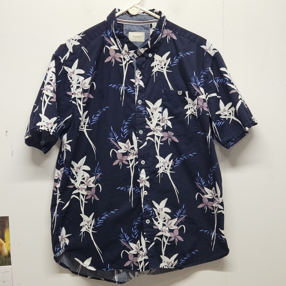 Diamonds Mens XL Navy Blue Floral Short Sleeve Button Down Shirt Hawaiian
